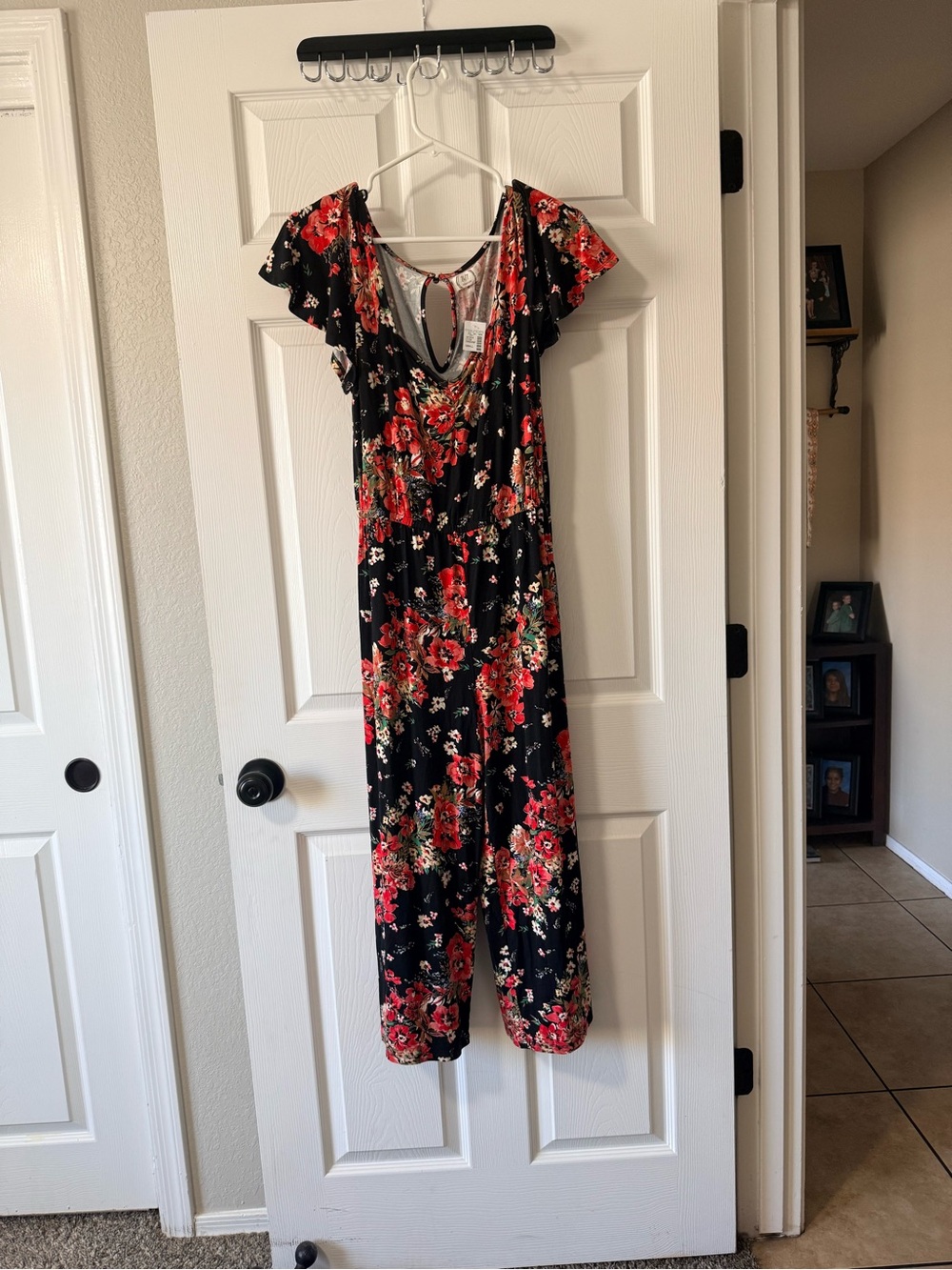 Maurice's Black Floral Jumpsuit with Red Rose Print